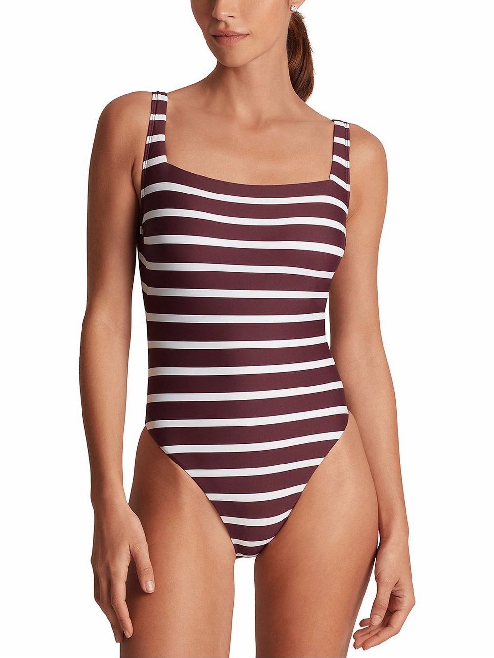 NWT Lauren Ralph Lauren Striped Square Neck One Piece Swimsuit Size 14